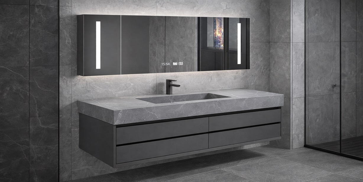 All in one bathroom sink vanity with sintered stone countertop basin and LED mirror cabinet